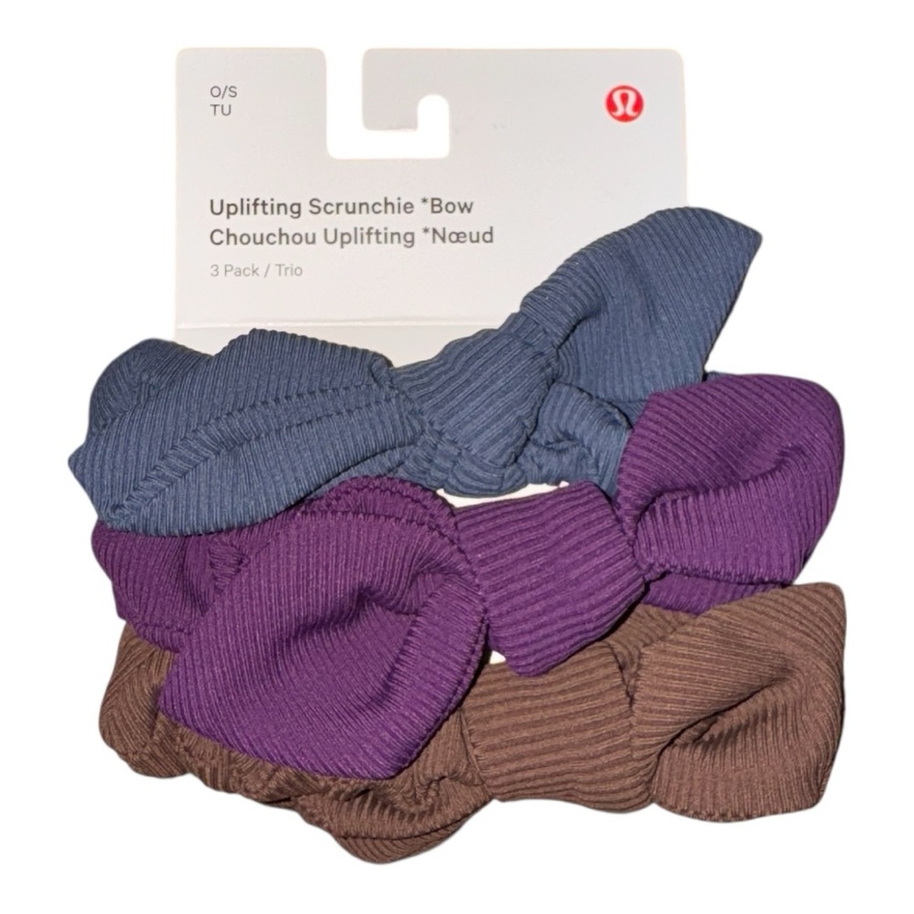 Lululemon Uplifting Scrunchie *Bow 3-Pack Java Shale Blue Dramatic Magenta NWT